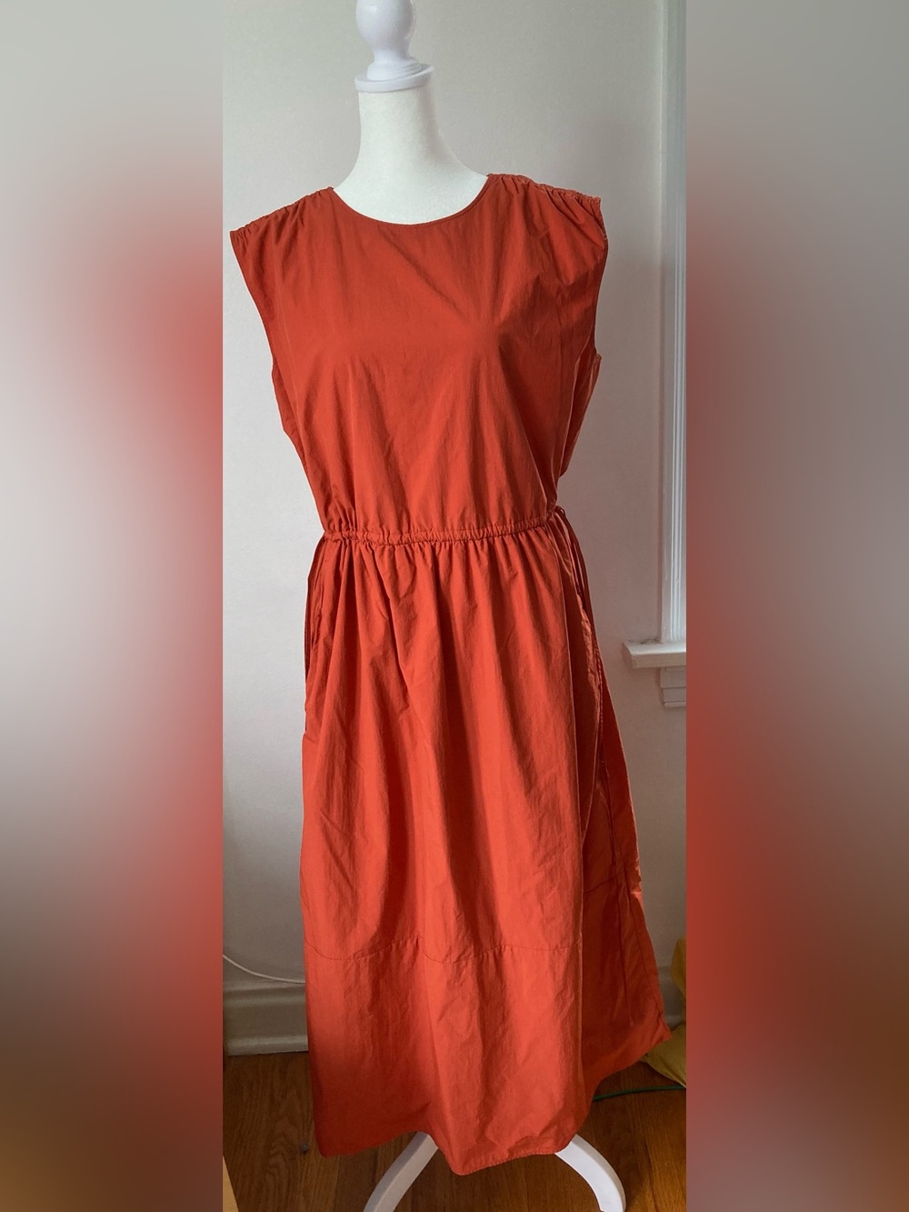 Uniqlo Simple Sleeveless Orange Dress Gathered Waist Midi Dress